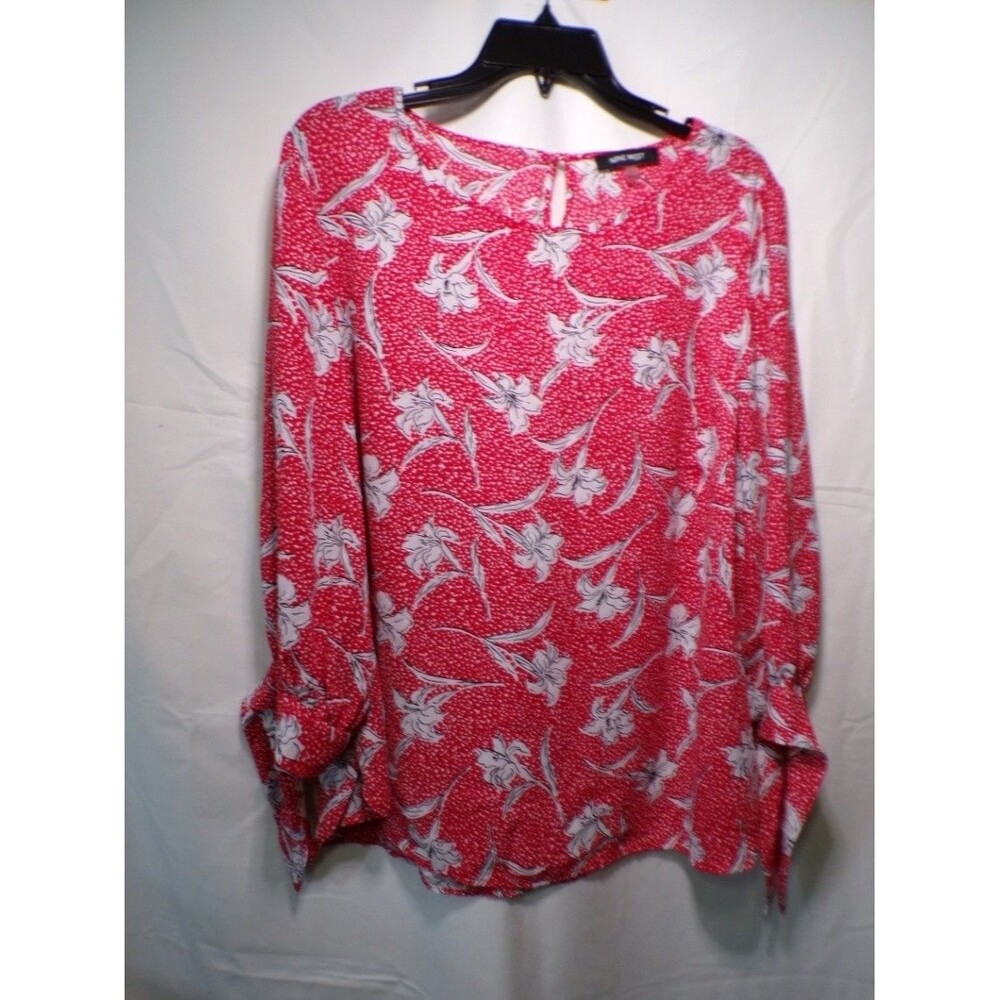 Nine West Women's Red Floral Long Sleeve Blouse 1X Plus Tunic Top
